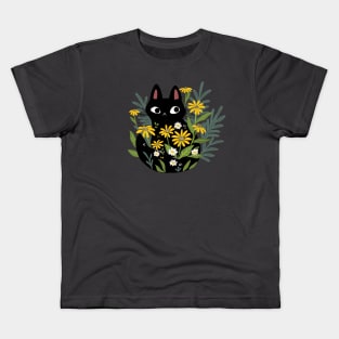 Black Cat In The Flowers Kids T-Shirt